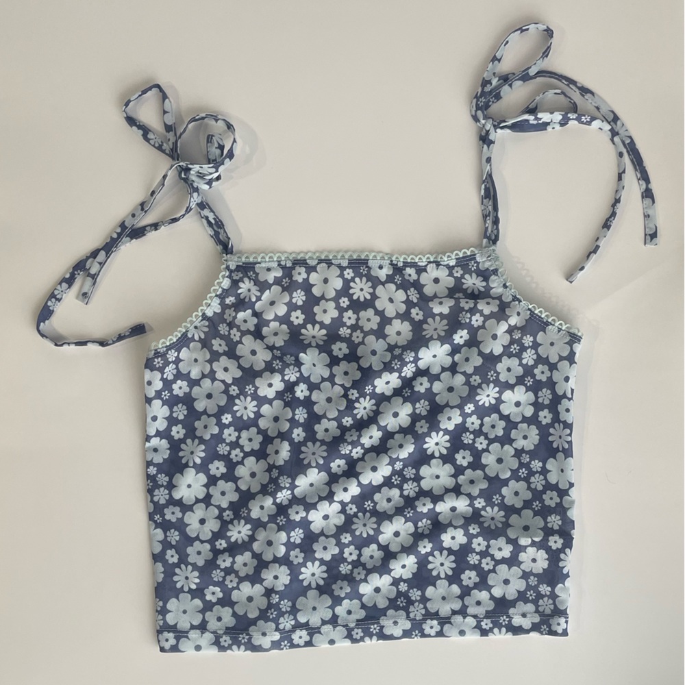 Blue Floral Mesh Tie-Shoulder Crop Top
